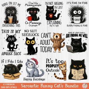 Funny Cats T-shirt Png Bundle, Cat and coffee shirt PNG, Sarcastic Pets Typography Shirts, Humorous Kitty sublimation, Gifts For Cat Owners