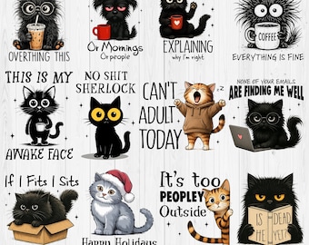 Pacote de camisetas engraçadas com estampas de gatos em PNG, camiseta com gato e café em PNG, camisetas com tipografia sarcástica sobre animais de estimação, sublimação de gatinhos divertidos, presentes para donos de gatos.