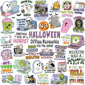 May include: A collection of Halloween-themed stickers with office-related sarcastic phrases and graphics. Designs include ghosts, zombies, skeletons, and computers, with text like "Dead Inside But Still Working" and "Chaos Is My Job Title."