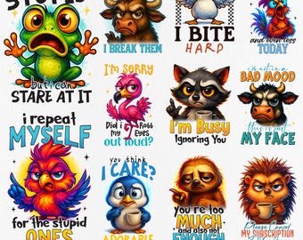 Sarcastic Funny Animal TShirt PNG Bundle, Snarky Humor Quotes Sublimation, Cute Funny Animals Clipart, Sarcastic Coffee Lover Mug & Crafts