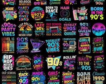 Throwback 90s PNG Bundle, Neon Retro 90s T-Shirt Designs, Vintage 80s Graphics, Nostalgic 1990s Clipart for Sublimation, Hip Hop PNG Set