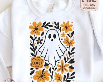 Boho Floral Ghost Halloween Shirt, Retro Spooky Season Fall Svg, Boho Halloween Sublimation Design,Cute Ghost Autumn Png,Retro Boho Fall Png