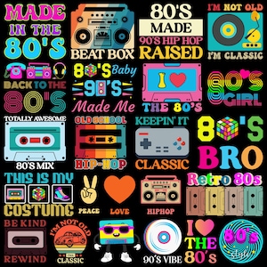 May include: A collage of retro 80s-themed graphics and text on a black background. The design includes boomboxes, cassette tapes, a Rubik's Cube, and phrases like "Made in the 80s," "Hip Hop," and "Retro 80s." The color palette is vibrant, featuring pink, teal, and yellow.