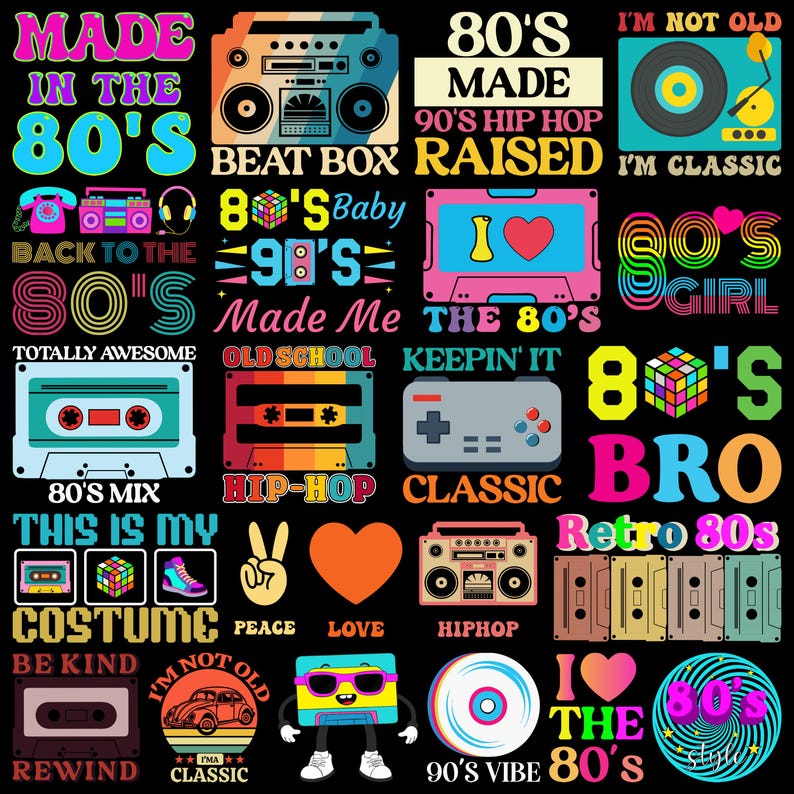 May include: A collage of retro 80s-themed graphics and text on a black background. The design includes boomboxes, cassette tapes, a Rubik's Cube, and phrases like "Made in the 80s," "Hip Hop," and "Retro 80s." The color palette is vibrant, featuring pink, teal, and yellow.