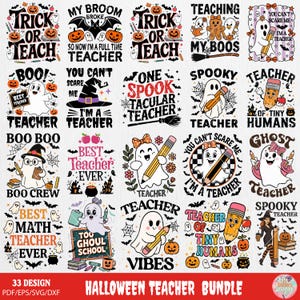 Lärare Halloween-tröja Svg-paket, läskig Halloween-lärare-T-shirt PNG, retro söt lärare-spöke PNG, Halloween-fest-skolskjortor PNG