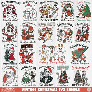 Op de afbeelding: Een verzameling van 27 vintage kerst-SVG-ontwerpen. De illustraties tonen de kerstman, elfen, geesten en andere personages met een vakantiethema. Tekst bevat zinnen als "Merry Christmas", "Making Spirits Bright" en "Last December."