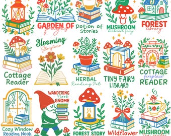 Paquete PNG de libros estilo cottagecore, clipart de camiseta de lectura acogedora, arte de biblioteca con forma de hongo de hadas, gráfico de amante de los libros caprichoso, libro estilo cottagecore PNG