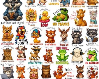 Puede incluir: Un conjunto de 50 imágenes PNG de animales sarcásticos. Cada imagen presenta un animal diferente con una frase humorística, como "Caffeine and Regret" o "I Repeat: Don't!". Las imágenes son coloridas y de estilo caricaturesco, ideales para proyectos digitales.