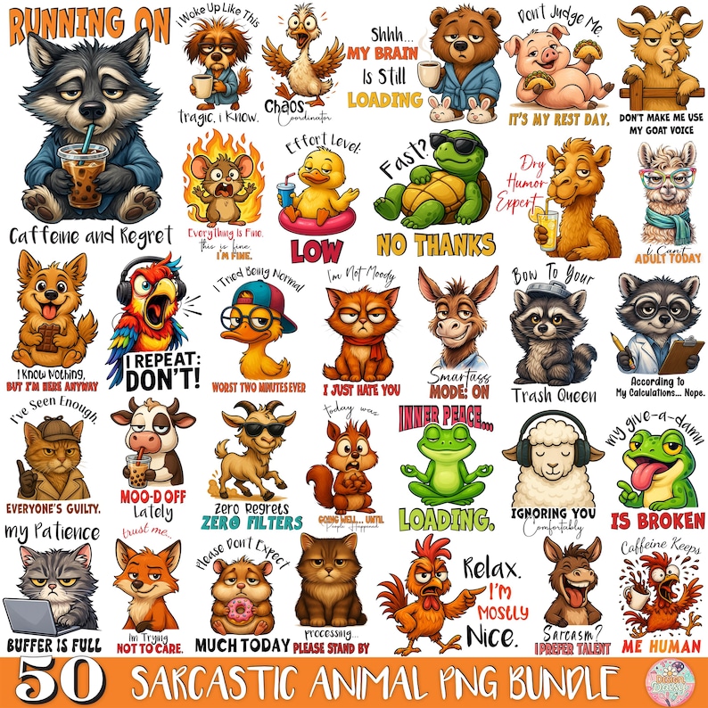 Sarcastic Animal PNG Bundle, Funny Animal Quotes Clipart, 50 Snarky ...