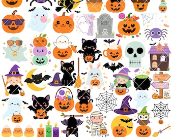 Joli Halloween PNG Clipart Bundle, clipart fantôme d'Halloween mignon, fantasmagorique Kawaii sorcières graphique, téléchargement numérique ClipArt Halloween hanté