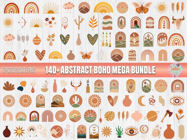 May include: A collection of 140+ abstract boho designs in warm earth tones, including rainbows, suns, vases, and butterflies. The designs are available in EPS, SVG, DXF, and PNG formats. The text "140+ ABSTRACT BOHO MEGA BUNDLE" is displayed in the image.