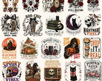 Halloween PNG Bundle, Vintage Spooky Clipart, Gothic Halloween TShirt Graphics, Horror Witch PNG, Trendy Retro Halloween Digital Download