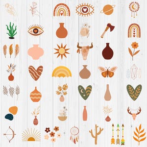 May include: A collection of boho-style illustrations in warm earth tones. The image features various designs, including rainbows, eyes, vases, suns, moons, and arrows. The illustrations are arranged on a white wood-grain background.