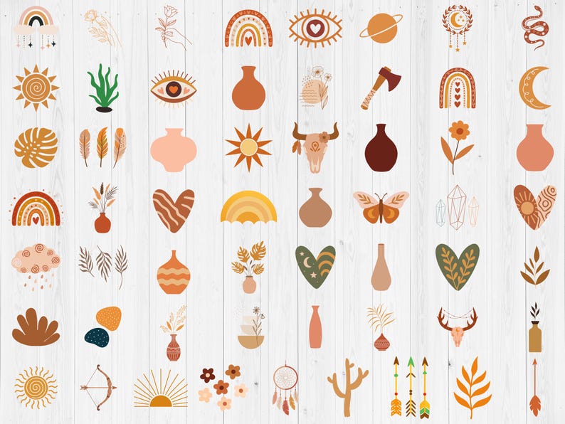 May include: A collection of boho-style illustrations in warm earth tones. The image features various designs, including rainbows, eyes, vases, suns, moons, and arrows. The illustrations are arranged on a white wood-grain background.