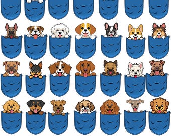 Pocket Dog Clipart Bundle, Cute Dog Breed Pocket PNG Set, Cartoon Puppy Clipart for Stickers, Crafts & Sublimation, Puppy in Pocket PNG