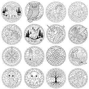 May include: A collection of sixteen circular black and white illustrations. Each design features a different subject, including animals like a bear, owl, horse, and giraffe, mythical creatures like a unicorn and dragon, and other elements like a compass, lighthouse, and tree.