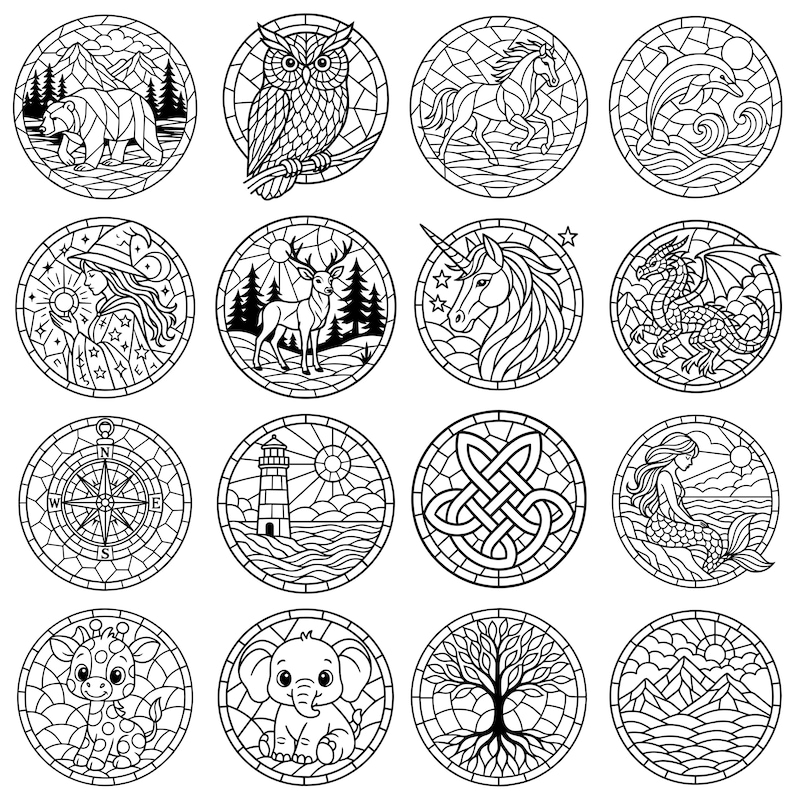 May include: A collection of sixteen circular black and white illustrations. Each design features a different subject, including animals like a bear, owl, horse, and giraffe, mythical creatures like a unicorn and dragon, and other elements like a compass, lighthouse, and tree.