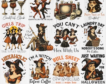 Retro Vintage Halloween Png Sublimation, Retro Witches Club T-shirt PNG, Vintage Halloween Witch Girl Clipart PNG, Trendy Spooky Season Pngs