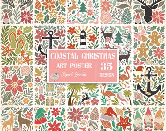 Coastal Christmas Clipart Bundle, Boho Floral Nautical Home Decor Png, Tropical Beach Christmas Sublimation Designs, Coastal Xmas Art Prints