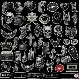 Könnte beinhalten: Eine Sammlung von 60 schwarz-weißen Stickern im Punk-Stil. Die Sticker zeigen verschiedene Designs, darunter Totenköpfe, Rosen, Augen, ein Gehirn, einen Tiger, eine Fledermaus, eine Spinne und ein Kassettenband. Der Text "Punk Zine Halftone Sticker Bundle" ist unten.