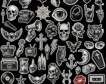 Punk Zine Sticker Bundle, 60 Gothic Halftone PNGs, Skull Snake Rose Tattoo Rock Vintage Retro Sticker Pack, Trendy Halftone Elements Png