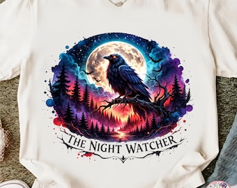 The Night Watcher Tshirt PNG, Raven Moon Halloween Sublimation, Gothic Forest Clipart, Dark Fantasy Raven Digital Download, Spooky Bird PNG