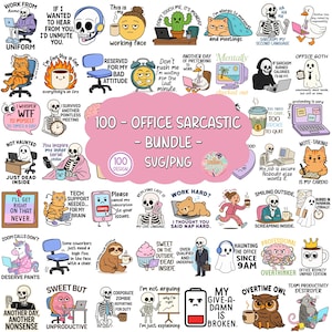 May include: A bundle of 100 office-themed sarcastic SVG and PNG designs. The images feature humorous illustrations with text, including phrases like "Work From Home," "Office Goth," and "I'm allergic to mornings." The designs use a pink and white colour scheme.