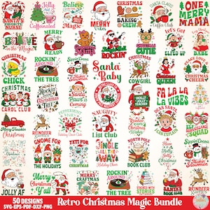 Puede incluir: Un conjunto de 50 diseños navideños retro en formatos SVG, EPS, PDF y DXF. Los diseños presentan a Papá Noel, renos, elfos y frases festivas como «Feliz Navidad» y «Fa La La Vibes».