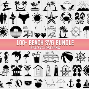 May include: A collection of black and white beach-themed SVG graphics. The bundle includes images of a surfboard, palm trees, sunglasses, a crab, a flamingo, a beach chair, a sun, and the text "100+ BEACH SVG BUNDLE".