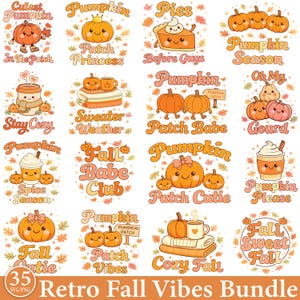 May include: A set of 16 retro-style autumn-themed graphics, including pumpkins, leaves, and phrases such as "Pumpkin Patch" and "Fall Vibes." The designs use orange, pink, and brown colours.