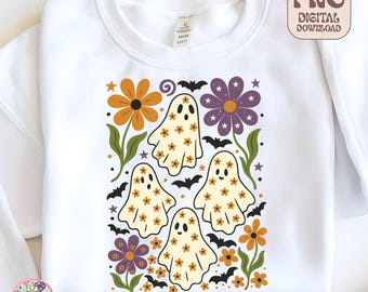 Cute Fall Ghost Shirt Png, Boho Halloween floral Ghost Png, Retro Spooky Season Fall Png, Halloween Ghost Floral PNG, Boho Floral Tee Shirt