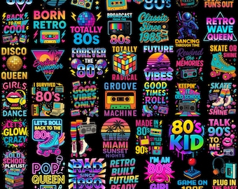 80s 90s Neon PNG Bundle, Vintage Retro T-Shirt Designs, Nostalgic Disco Cassette Graphics, 80s Party Clipart for Sublimation,Retro Aesthetic