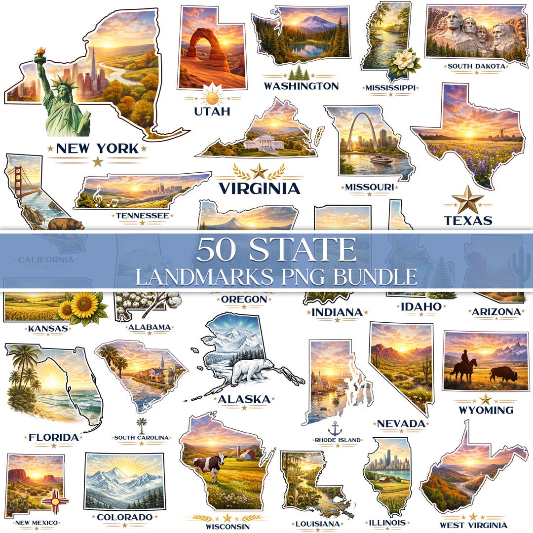50 State Landmarks PNG Bundle, USA State Travel Graphics, American