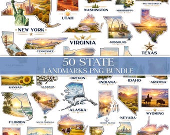 50 State Landmarks PNG Bundle, USA State Travel Graphics, American Landmark Clipart, Cultural Map Png, States Cityscape Outline Sublimation