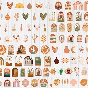 May include: A collection of boho-style digital clip art elements in shades of orange, brown, green, and yellow. The illustrations include rainbows, hearts, vases, suns, arches, cacti, and other nature-inspired designs. Perfect for digital art projects.