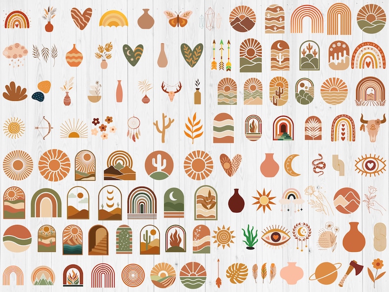 May include: A collection of boho-style digital clip art elements in shades of orange, brown, green, and yellow. The illustrations include rainbows, hearts, vases, suns, arches, cacti, and other nature-inspired designs. Perfect for digital art projects.