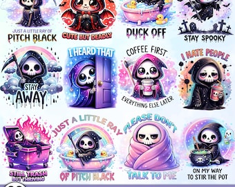 Snarky Skeleton PNG Bundle, Cute Grim Reaper Clipart, Funny Halloween Quotes Shirt PNG, Spooky Aesthetic Sublimation, Gothic Cute Bundle