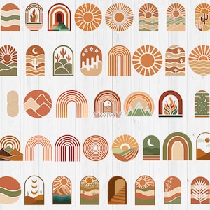 May include: A collection of boho-style graphic designs featuring suns, arches, mountains, and cacti in shades of orange, brown, and green. The designs are arranged on a white wooden surface.
