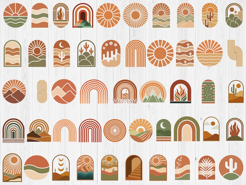 May include: A collection of boho-style graphic designs featuring suns, arches, mountains, and cacti in shades of orange, brown, and green. The designs are arranged on a white wooden surface.