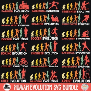 Könnte beinhalten: Schwarze Grafik mit der menschlichen Evolution in verschiedenen Berufen, darunter Bauer, Basketballspieler und Feuerwehrmann. Jeder Beruf wird durch eine Reihe von Figuren in verschiedenen Farben dargestellt. Der Text "HUMAN EVOLUTION SVG BUNDLE" befindet sich unten.