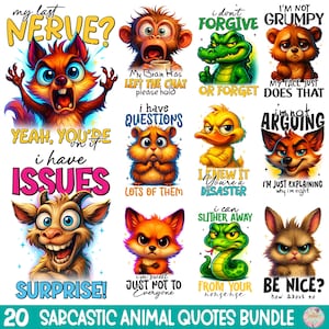 Puede incluir: Un paquete de 20 citas sarcásticas de animales. Cada imagen presenta un animal de dibujos animados con una frase humorística. Los animales incluyen una ardilla, un mono, un caimán, un oso, un hámster, un pato, un zorro, una serpiente y un conejo. El texto en la parte inferior dice "20 Sarcastic Animal Quotes Bundle."