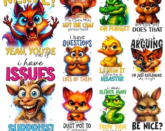 May include: A bundle of 20 sarcastic animal quotes. Each image features a cartoon animal with a humorous phrase. The animals include a squirrel, monkey, alligator, bear, hamster, duck, fox, snake, and rabbit. The text at the bottom reads "20 Sarcastic Animal Quotes Bundle."