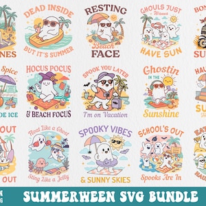 May include: A set of 24 digital designs featuring cute ghost illustrations with summer and Halloween themed text. The designs include phrases like "Dead Inside But It's Summer", "Resting Beach Face", "Hocus Pocus & Beach Focus", "Ghostin' in the Sunshine", "Spooky Vibes & Sunny Skies", and "School's Out Spooks Are In".