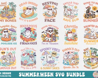 May include: A set of 24 digital designs featuring cute ghost illustrations with summer and Halloween themed text. The designs include phrases like "Dead Inside But It's Summer", "Resting Beach Face", "Hocus Pocus & Beach Focus", "Ghostin' in the Sunshine", "Spooky Vibes & Sunny Skies", and "School's Out Spooks Are In".