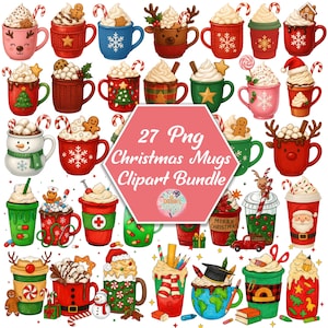 Puede incluir: Una colección de 27 imágenes prediseñadas de tazas navideñas PNG. Las tazas están decoradas con diseños festivos, que incluyen hombres de jengibre, copos de nieve y bastones de caramelo. Cada taza está llena de una bebida cremosa y cubierta con crema batida.