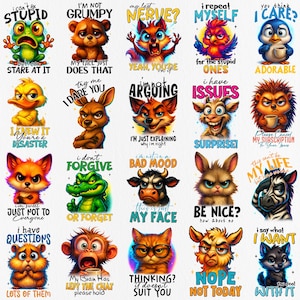 May include: A collection of cartoon animal illustrations with humorous phrases. Each image features a different animal with a unique expression and text bubble, such as a grumpy bear or a surprised goat. The designs are colorful and playful.