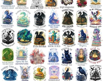 Fantasy Book PNG Bundle, Dragon Bookish Shirt Clipart, Dark Academia Reading Art, Magical Book Lover Graphics, Vintage Book Library Clipart