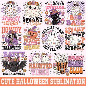 May include: A collection of colorful Halloween-themed designs with cute ghosts, bats, and pumpkins. Text includes phrases like "Spooky Season," "Spooky Cutie," and "Haunted Vibes." The designs are perfect for sublimation projects.