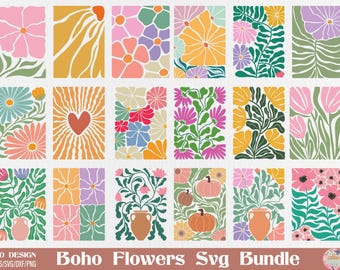 Paquete de flores abstractas SVG y PNG, archivo de corte de flores, SVG de flores retro abstractas, SVG floral bohemio, SVG de flores maravillosas, Floral bohemio retro