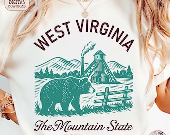 ヴィンテージ ウェストバージニア州 Tシャツ PNG、マウンテンステート昇華、レトロ ウェストバージニア州ベア Tシャツ グラフィック、レトロ アメリカ合衆国州都の街並みシャツ